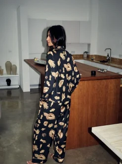 Never Fully Dressed Black/Gold Charm Satin Button Through Pyjamas