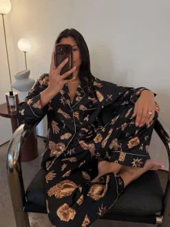 Never Fully Dressed Black/Gold Charm Satin Button Through Pyjamas