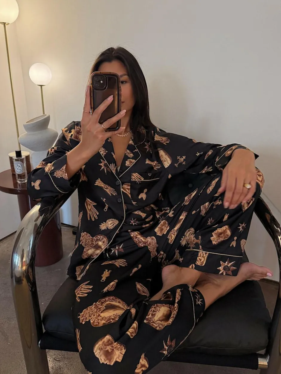 Never Fully Dressed Black/Gold Charm Satin Button Through Pyjamas