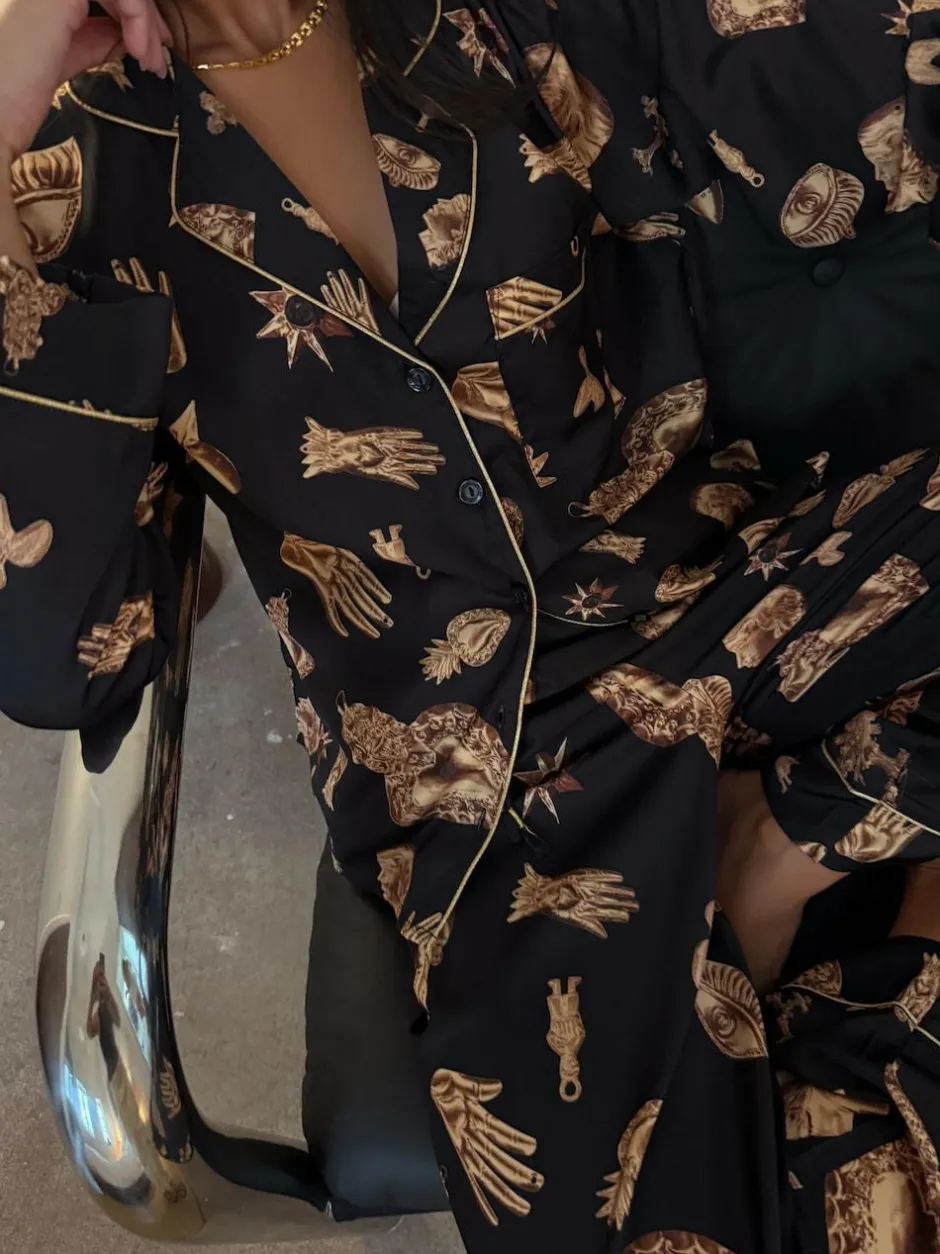 Never Fully Dressed Black/Gold Charm Satin Button Through Pyjamas