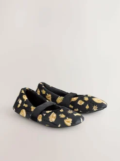 Never Fully Dressed Black/Gold Charm Velour Mary Jane Slippers Online