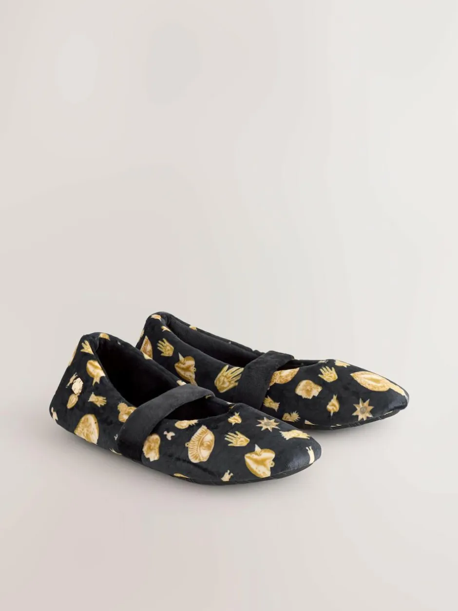 Never Fully Dressed Black/Gold Charm Velour Mary Jane Slippers Online