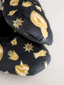 Never Fully Dressed Black/Gold Charm Velour Mary Jane Slippers Online