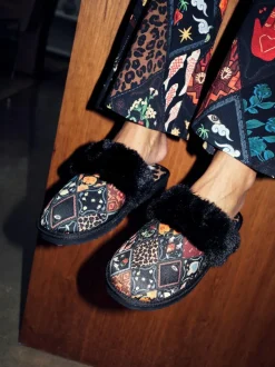 Never Fully Dressed Multi Black Quilted Faux Fur Lined Mule Slippers Best