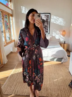 Never Fully Dressed Night Garden Satin Long Line Robe Clearance