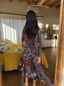Never Fully Dressed Night Garden Satin Long Line Robe Clearance