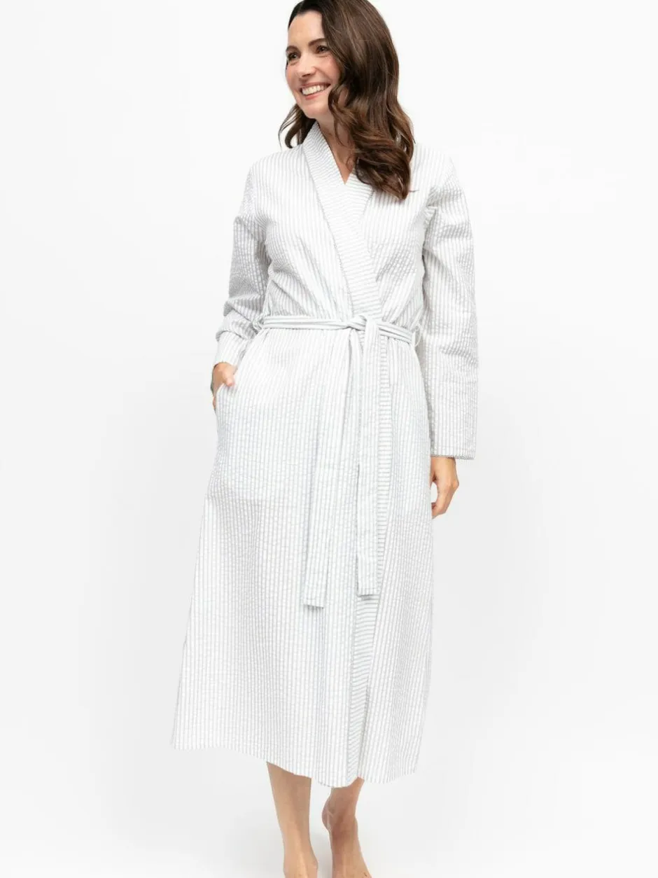 Nora Rose Grey Seersucker Stripe Lace Trim Long Sleeve Long Dressing Gown New