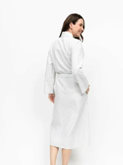 Nora Rose Grey Seersucker Stripe Lace Trim Long Sleeve Long Dressing Gown New