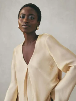 Nothing Ordinary Satin Metallic Long Sleeve Blouse Gold Sale