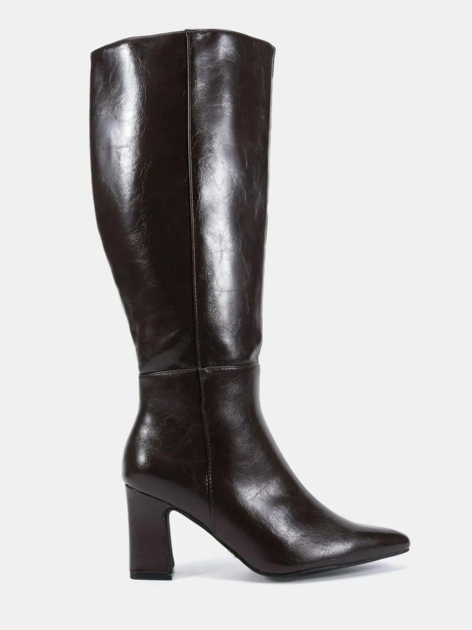 Novo Wide Fit Gala Point Toe Block Heel Knee Boots Brown Clearance
