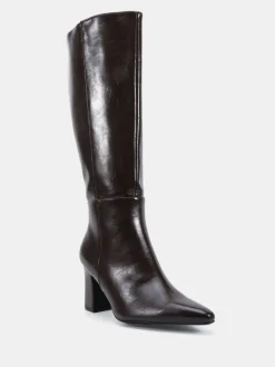 Novo Wide Fit Gala Point Toe Block Heel Knee Boots Brown Clearance