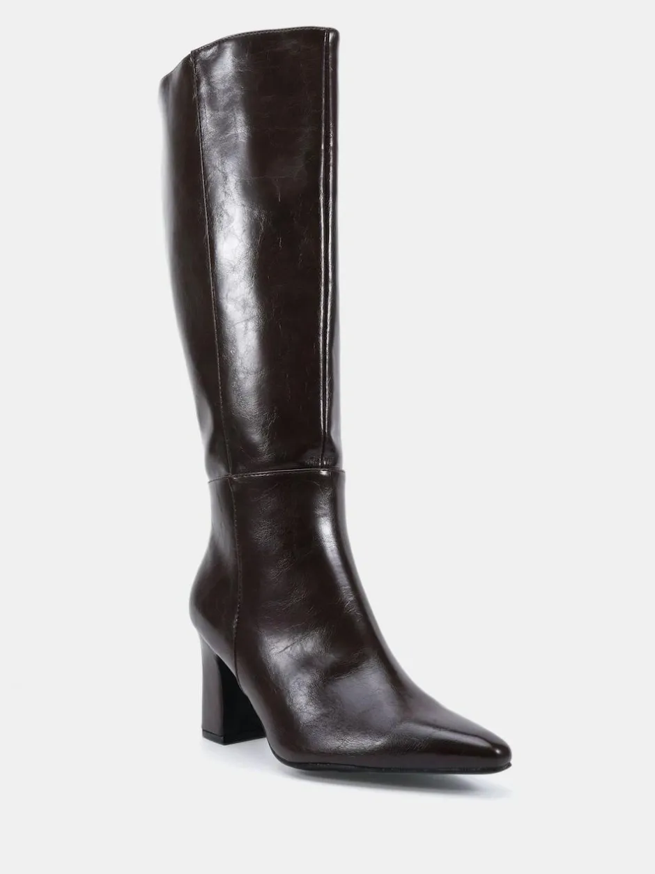 Novo Wide Fit Gala Point Toe Block Heel Knee Boots Brown Clearance