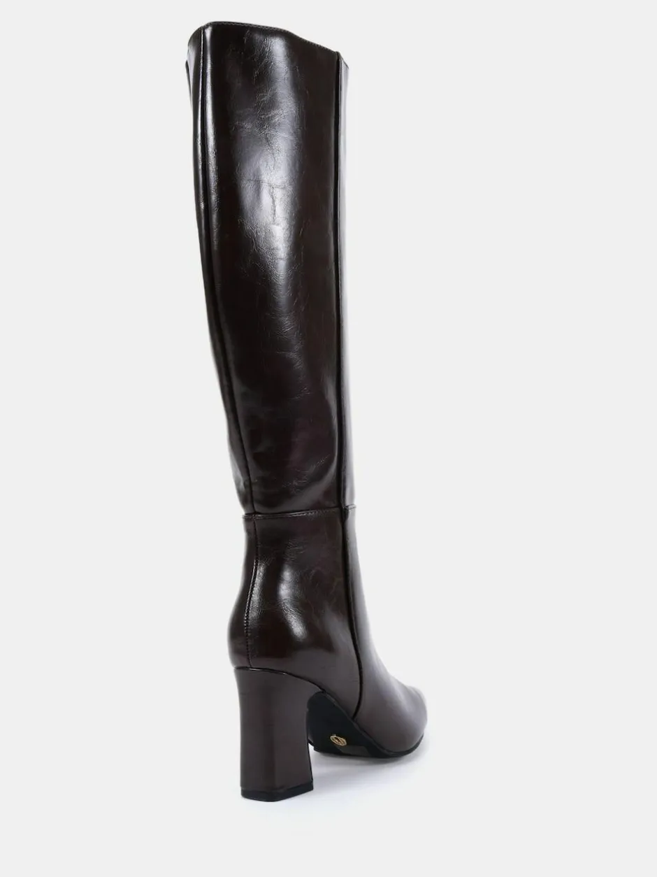 Novo Wide Fit Gala Point Toe Block Heel Knee Boots Brown Clearance