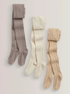 Next Regular Length Cotton Rich Cable Tights 3 Pack Oatmeal Cream/Brown