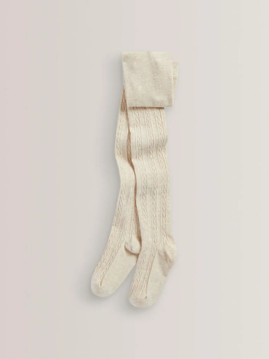 Next Regular Length Cotton Rich Cable Tights 3 Pack Oatmeal Cream/Brown