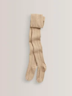 Next Regular Length Cotton Rich Cable Tights 3 Pack Oatmeal Cream/Brown
