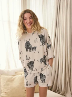 Next Oatmeal Hamish The Highland Cow Cosy Short Pyjamas Set Outlet