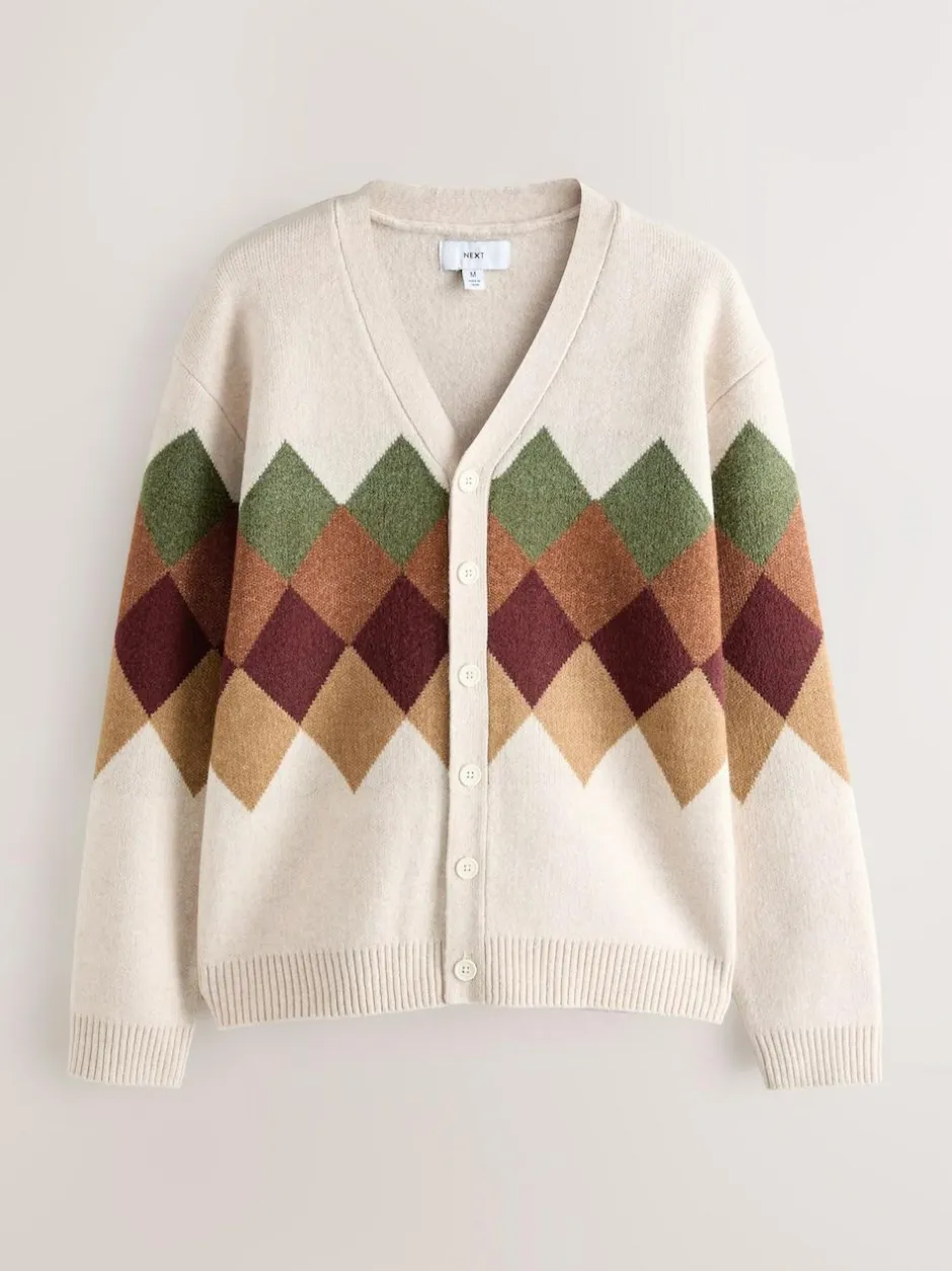 Next Oatmeal Multi Relaxed Fit Argyle Cardigan with Wool Sale