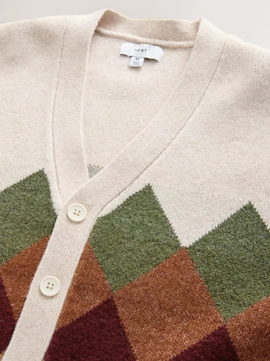 Next Oatmeal Multi Relaxed Fit Argyle Cardigan with Wool Sale