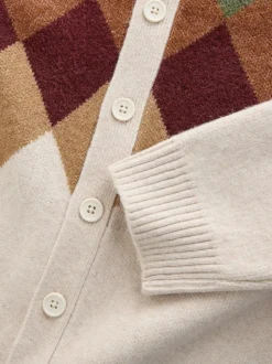 Next Oatmeal Multi Relaxed Fit Argyle Cardigan with Wool Sale