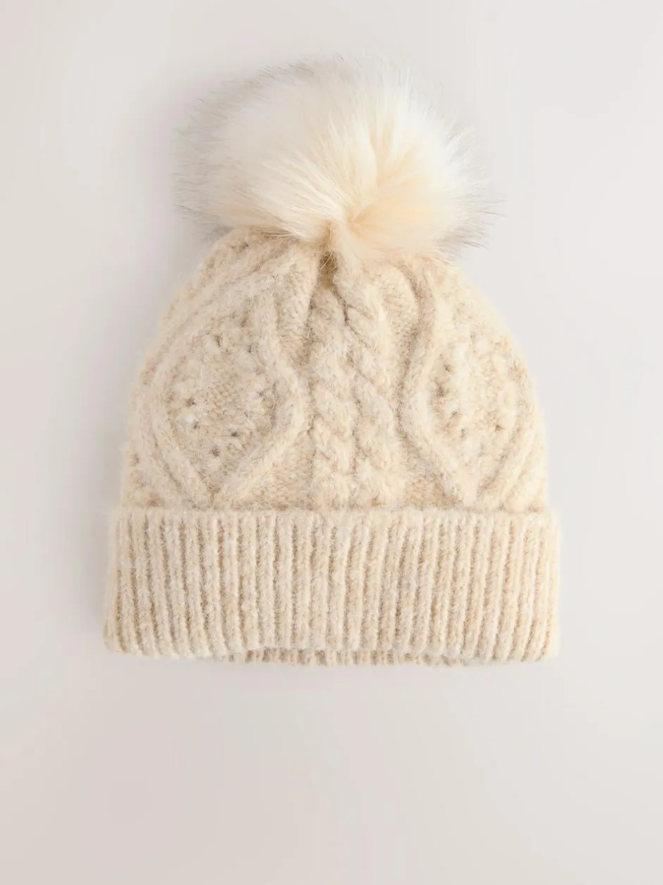 Next Oatmeal Pointelle Knit Pom Hat Discount