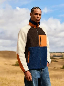Next Colourblock Zip Through Funnel Fleece Ochre Orange/Ecru Neutral Hot