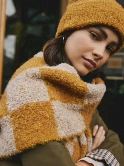 Next Ochre Yellow Checkerboard Boucle Knitted Heavweight Scarf Online