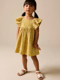 Next Ochre Yellow Embroidered Angel Sleeve Dress (3mths-8yrs) Online