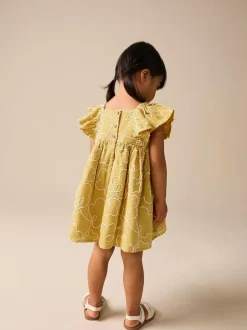 Next Ochre Yellow Embroidered Angel Sleeve Dress (3mths-8yrs) Online