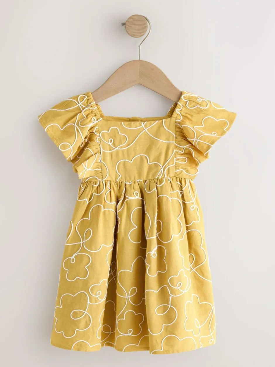 Next Ochre Yellow Embroidered Angel Sleeve Dress (3mths-8yrs) Online