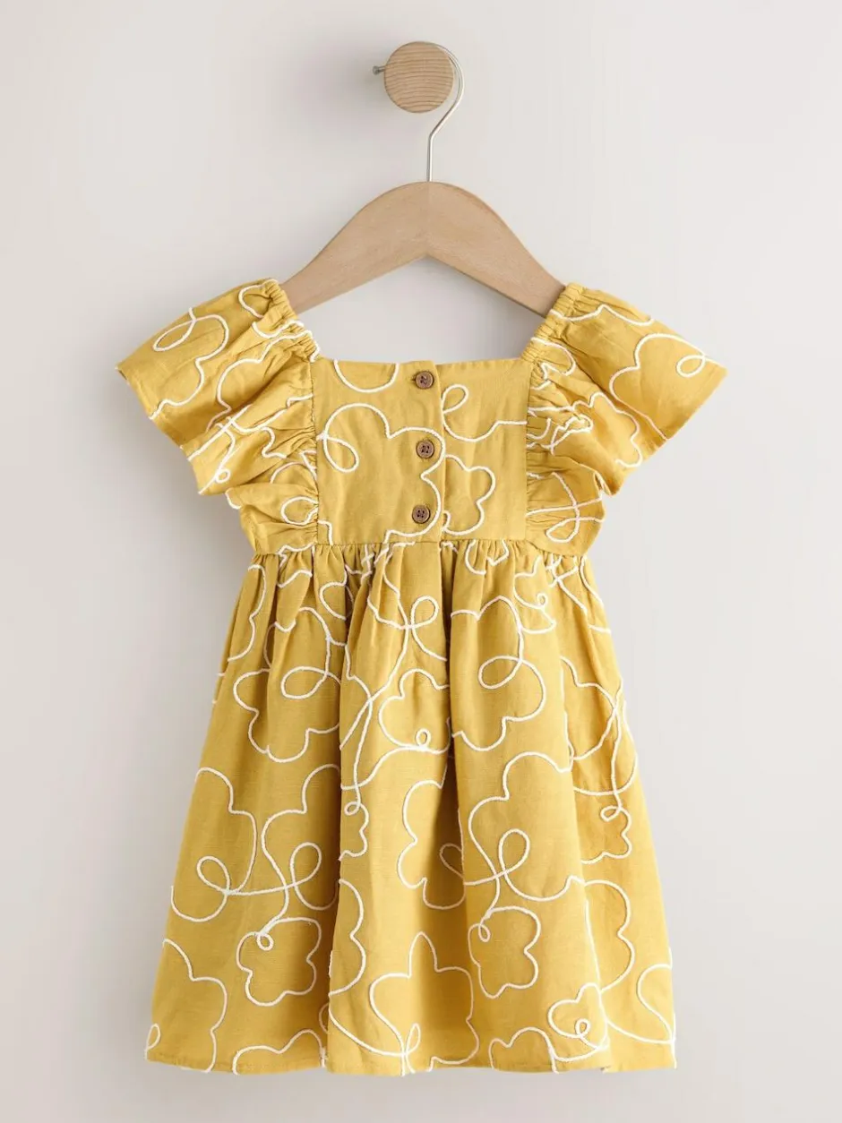 Next Ochre Yellow Embroidered Angel Sleeve Dress (3mths-8yrs) Online