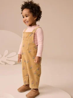 Next Ochre Yellow Floral Print Corduroy Dungarees and T Shirt Set (3mths-7yrs) New