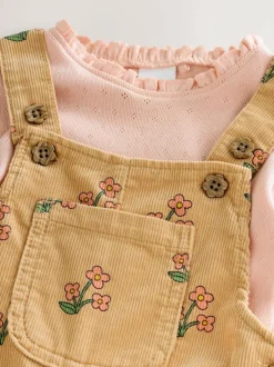 Next Ochre Yellow Floral Print Corduroy Dungarees and T Shirt Set (3mths-7yrs) New