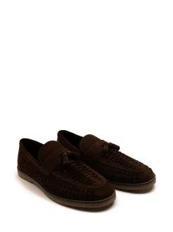 Off The Hook Tiger Tassel Suede Leather Slip-On Loafers with Woven Detail Brown Sale