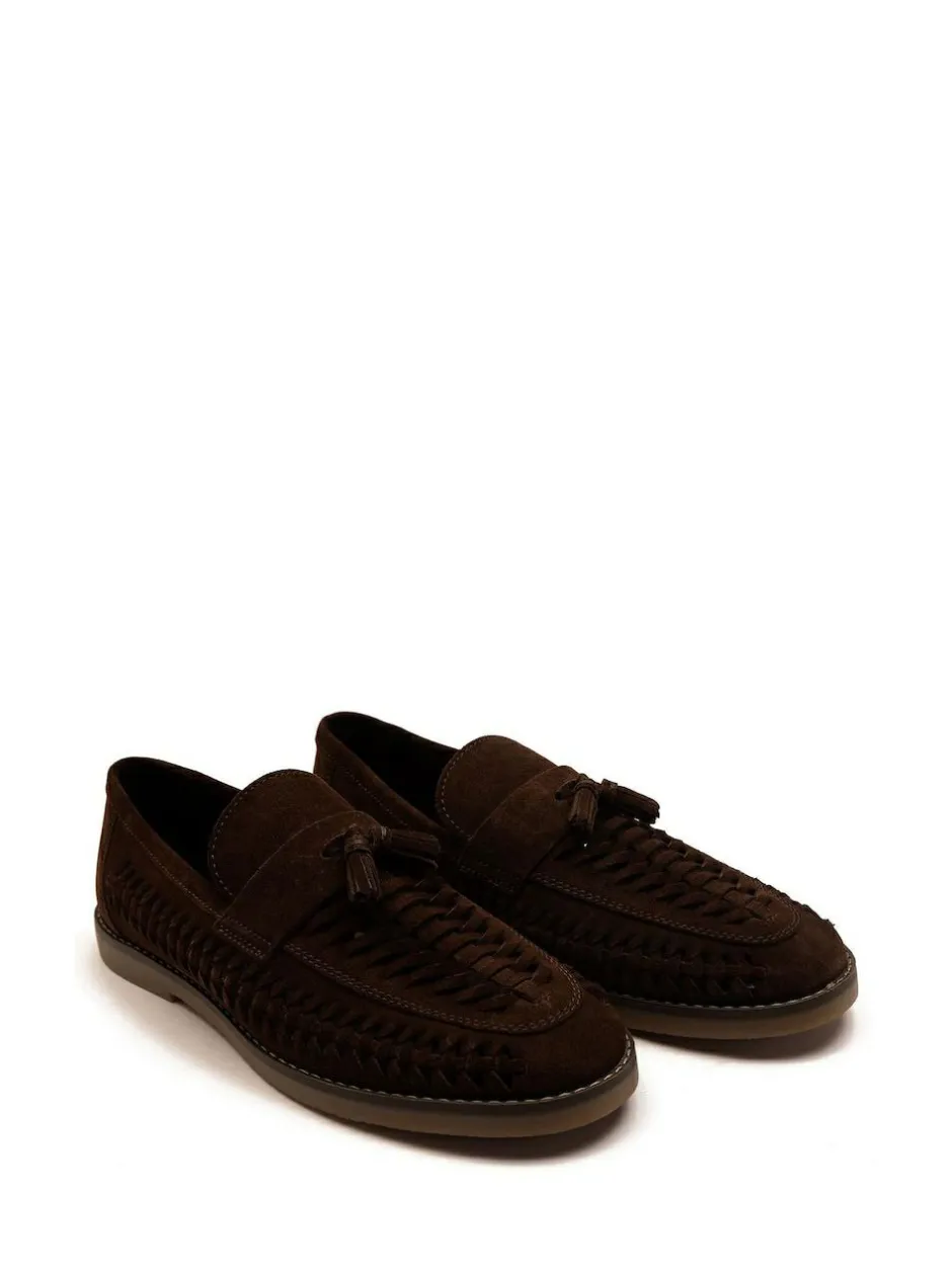 Off The Hook Tiger Tassel Suede Leather Slip-On Loafers with Woven Detail Brown Sale