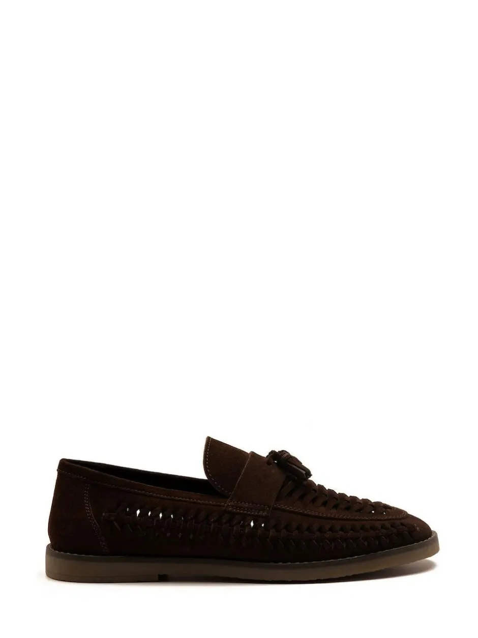Off The Hook Tiger Tassel Suede Leather Slip-On Loafers with Woven Detail Brown Sale