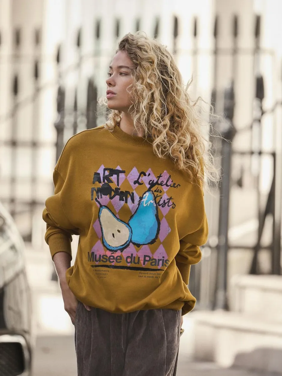 Next Cotton Rich Fruit Art Graphic Longsleeve Crewneck Sweatshirt Olive Green New