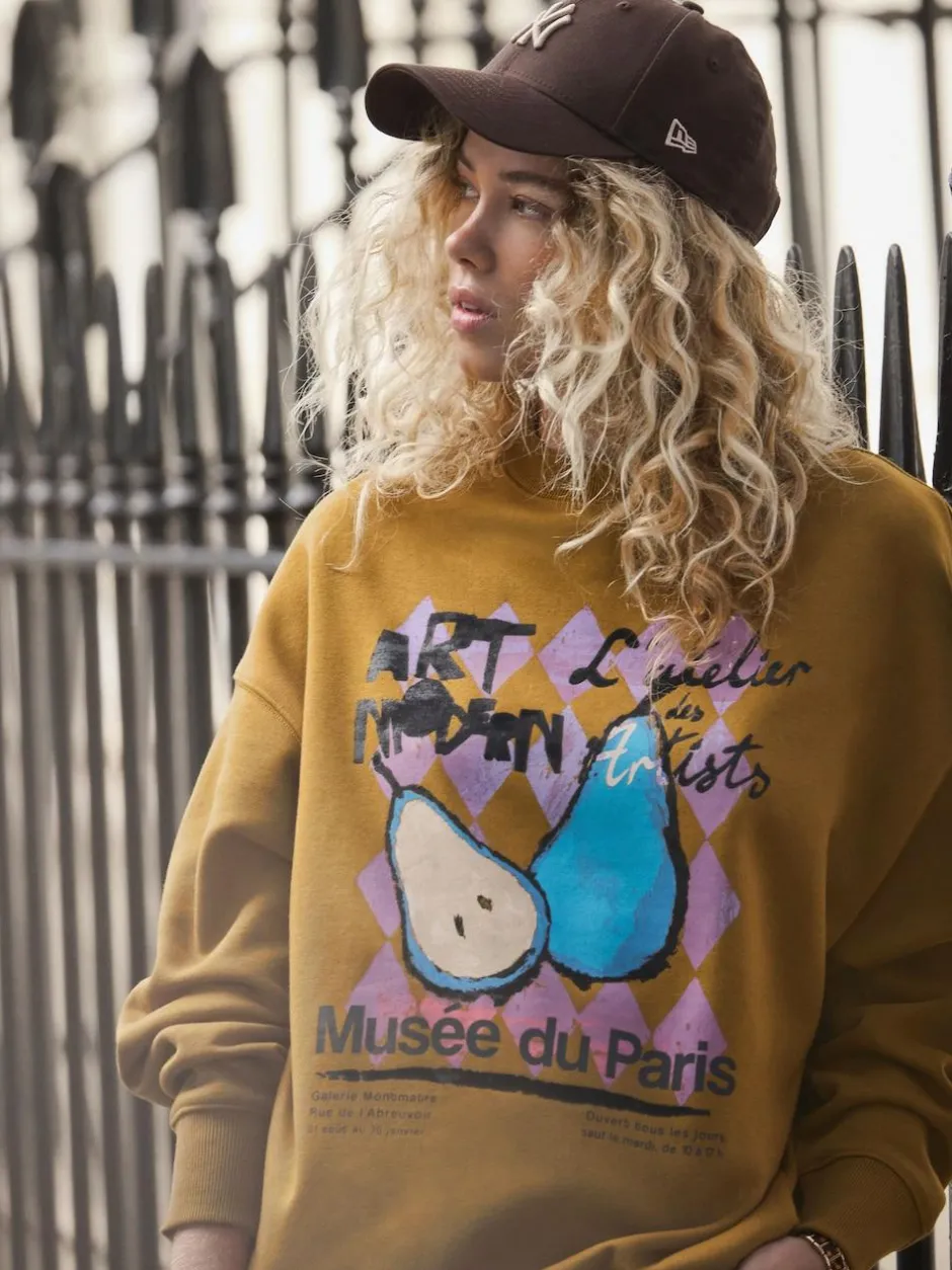 Next Cotton Rich Fruit Art Graphic Longsleeve Crewneck Sweatshirt Olive Green New