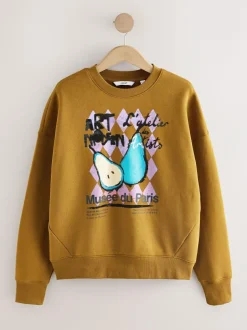 Next Cotton Rich Fruit Art Graphic Longsleeve Crewneck Sweatshirt Olive Green New