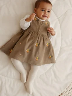 Next Olive Green Embroidered Baby Cord Pinafore Long Sleeve Bodysuit & Tights Set (0mths-2yrs) Best
