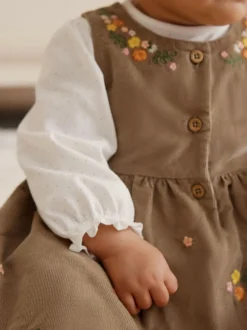 Next Olive Green Embroidered Baby Cord Pinafore Long Sleeve Bodysuit & Tights Set (0mths-2yrs) Best