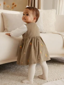 Next Olive Green Embroidered Baby Cord Pinafore Long Sleeve Bodysuit & Tights Set (0mths-2yrs) Best