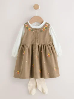 Next Olive Green Embroidered Baby Cord Pinafore Long Sleeve Bodysuit & Tights Set (0mths-2yrs) Best