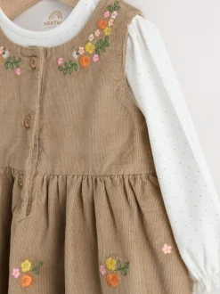 Next Olive Green Embroidered Baby Cord Pinafore Long Sleeve Bodysuit & Tights Set (0mths-2yrs) Best