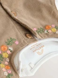 Next Olive Green Embroidered Baby Cord Pinafore Long Sleeve Bodysuit & Tights Set (0mths-2yrs) Best