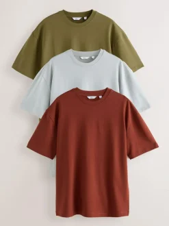 Next Olive Green /Ice Grey/Orange Rust Relaxed Fit Heavyweight T-Shirts 3 Pack Sale