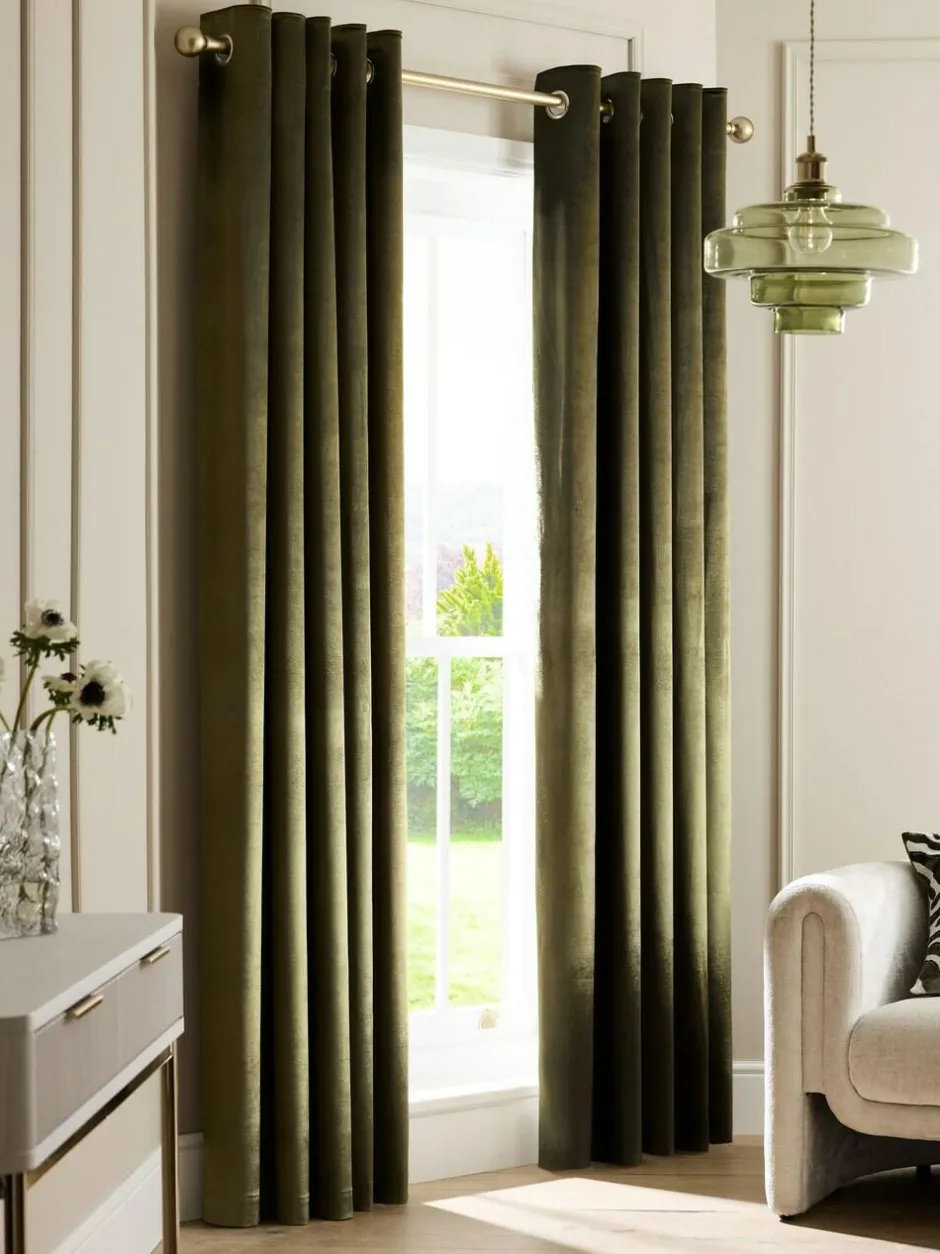Next Liquid Velvet Blackout/Thermal Eyelet Curtains Olive Green Clearance