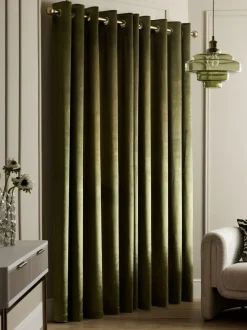 Next Liquid Velvet Blackout/Thermal Eyelet Curtains Olive Green Clearance