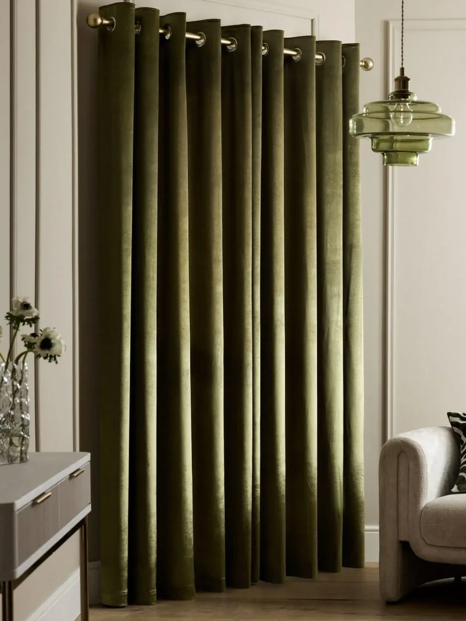 Next Liquid Velvet Blackout/Thermal Eyelet Curtains Olive Green Clearance