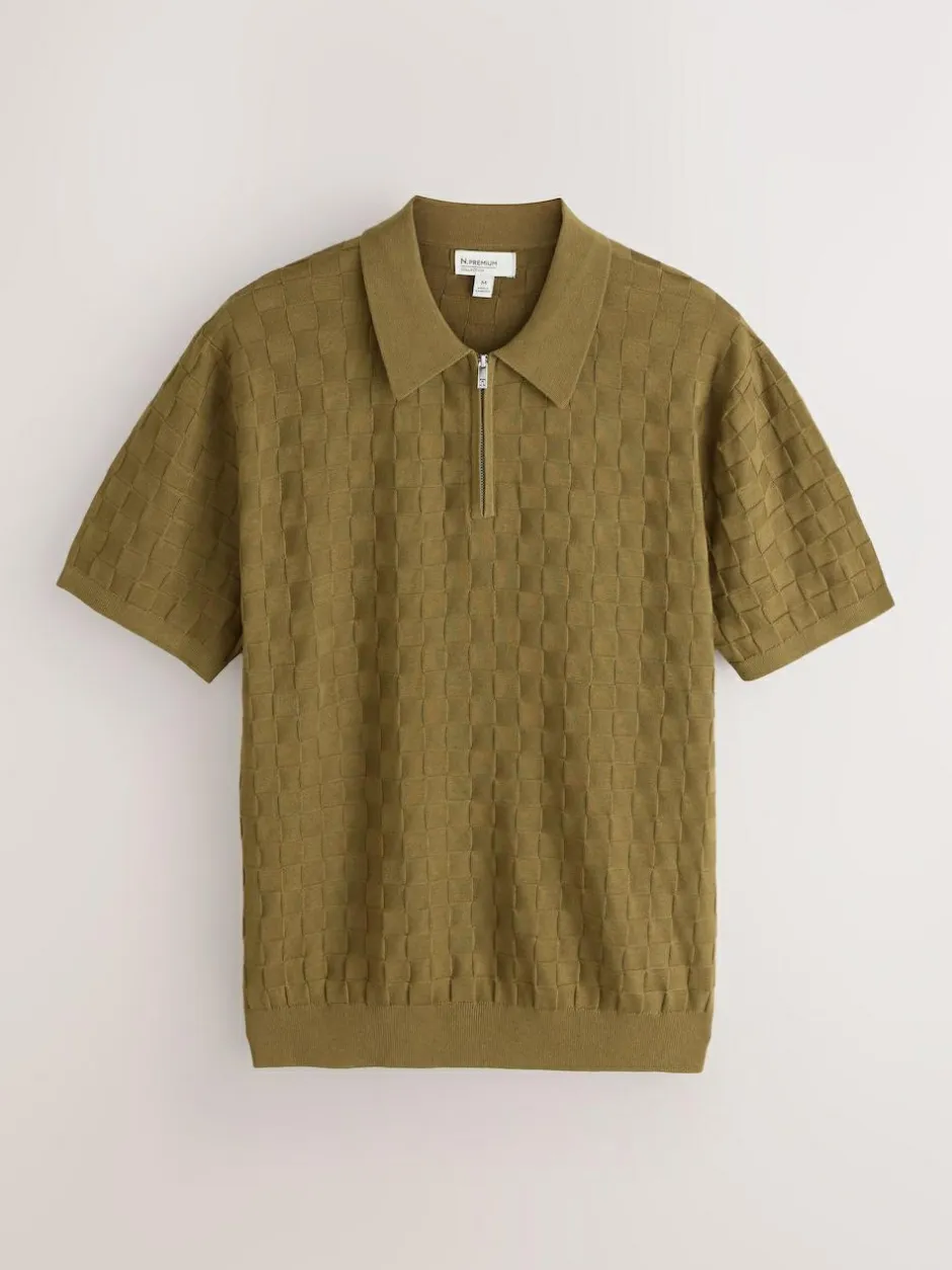 Next N.Premium Regular Fit Checkerboard Knitted Short Sleeve Zip Neck Polo Shirt Olive Green Hot